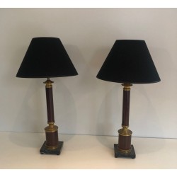 Pair of Neoclassical Faux-Bois Metal and Brass Table Lamps, French Work, circa 1940
