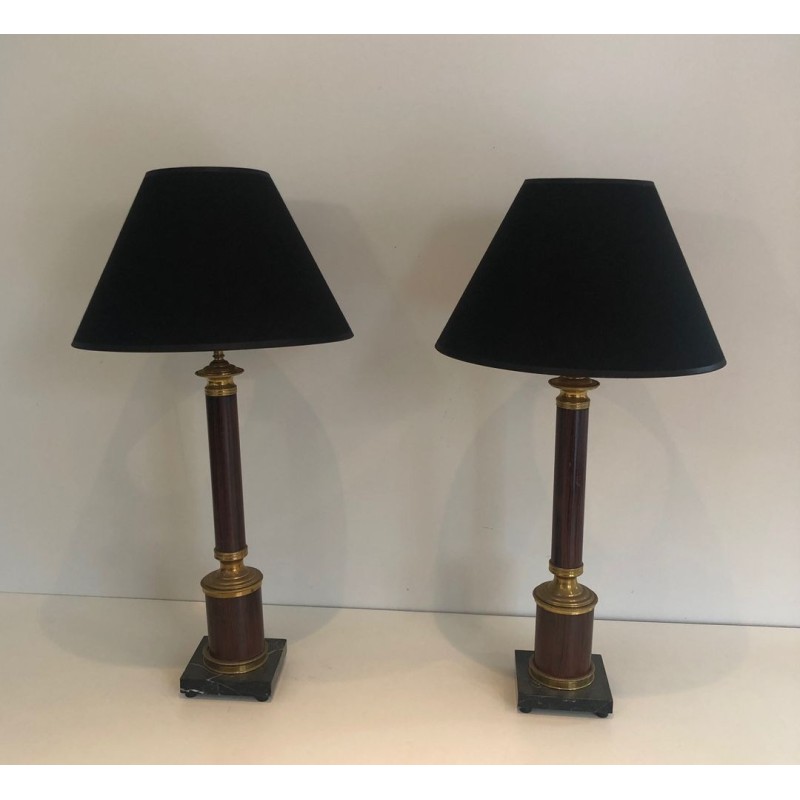 Pair of Neoclassical Faux-Bois Metal and Brass Table Lamps, French Work, circa 1940