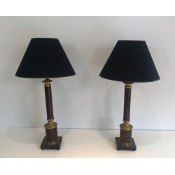 Pair of Neoclassical Faux-Bois Metal and Brass Table Lamps, French Work, circa 1940