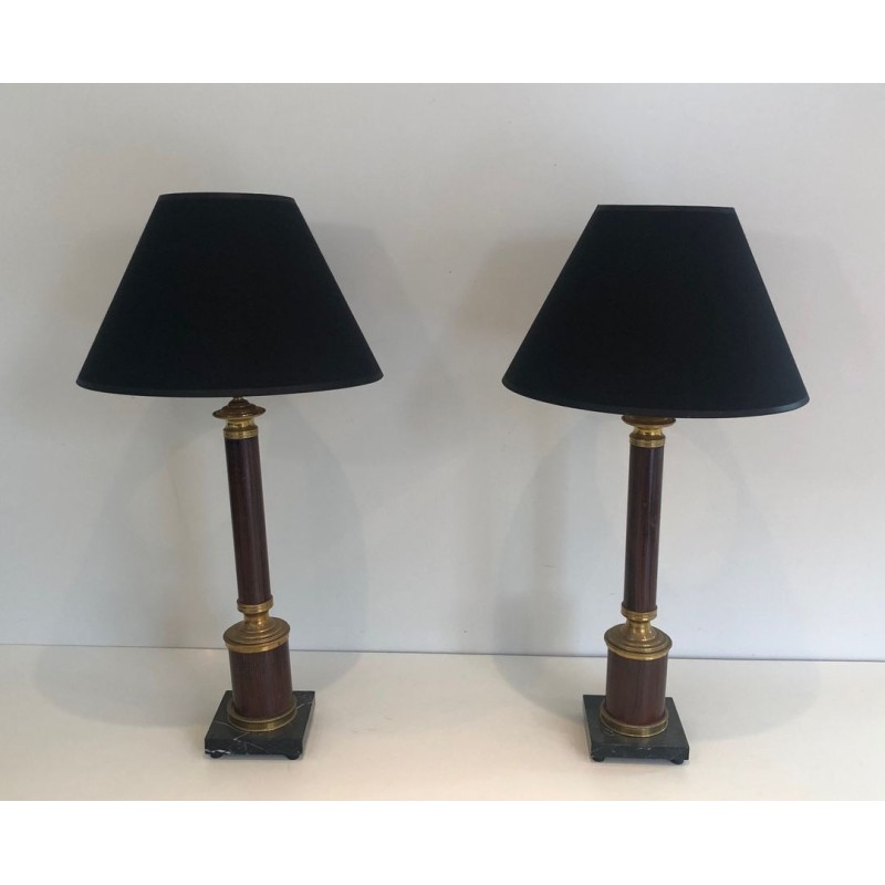 Pair of Neoclassical Faux-Bois Metal and Brass Table Lamps, French Work, circa 1940