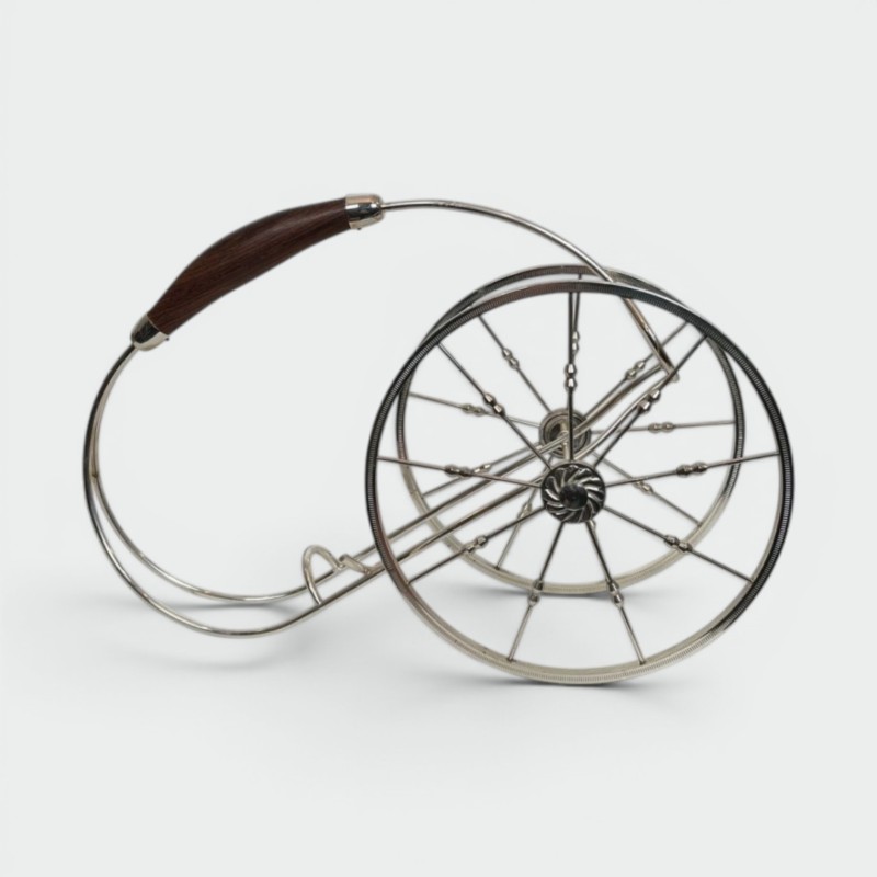 Silver-Plated Two-Wheeled Carriage Wine Bottle Holder with Leather Handle, France, circa 1970