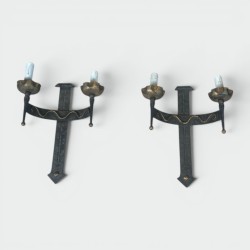 Pair of Wrought Iron Wall Lights with Coat of Arms and 2 Light Arms in the Gothic Style