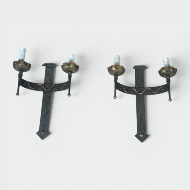 Pair of Wrought Iron Wall Lights with Coat of Arms and 2 Light Arms in the Gothic Style