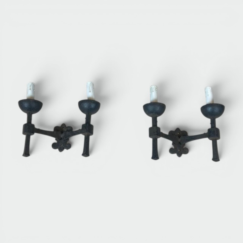 Pair of Gothic Style Wrought Iron Wall Lights with 2 Arms