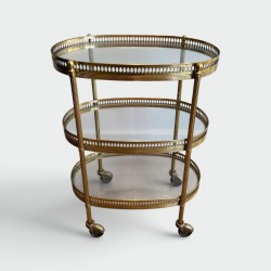 Oval Bar Cart in Gilt Brass with Three Glass Tiers and Ope | Modern Eye Gallery