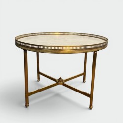 Round Neoclassical Brass Coffee Table with Openwork Galler | Modern Eye Gallery