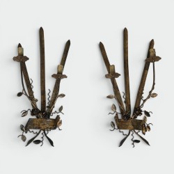Pair of Gilt Wrought Iron Two-Light Sconces Forming a Shea | Modern Eye Gallery