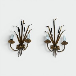 Pair of Bulrush Spray Two-Light Sconces in Gilt Metal, Ita | Modern Eye Gallery
