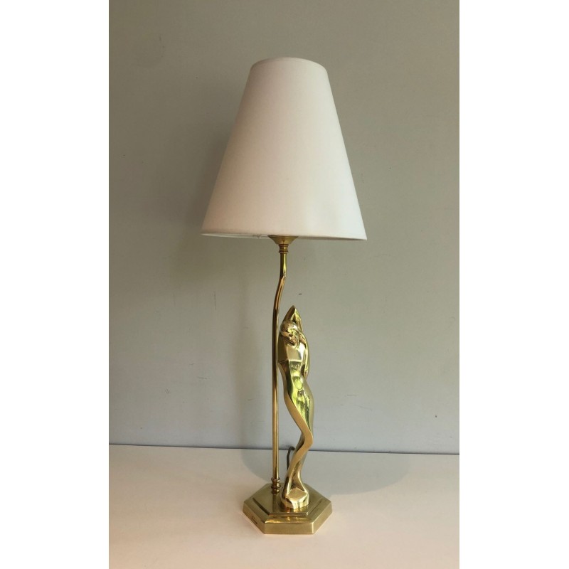 Stylised Female Figure Brass Table Lamp, Art Déco Style, French Work, circa 1970
