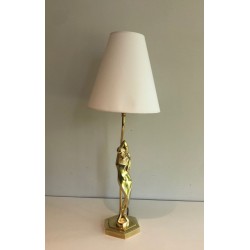 Stylised Female Figure Brass Table Lamp, Art Déco Style, French Work, circa 1970