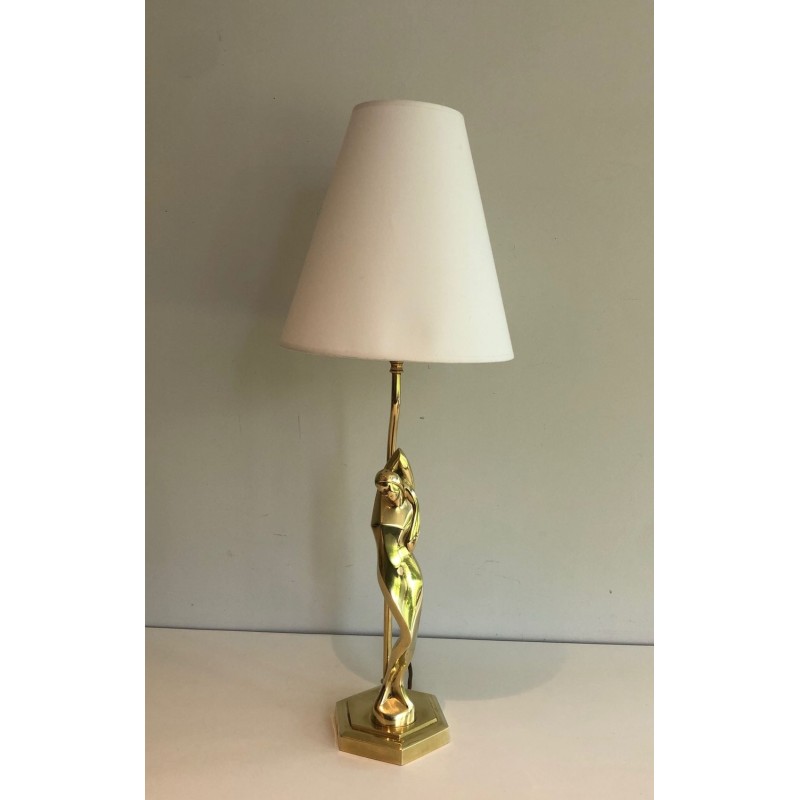 Stylised Female Figure Brass Table Lamp, Art Déco Style, French Work, circa 1970