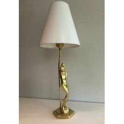 Stylised Female Figure Brass Table Lamp, Art Déco Style, French Work, circa 1970