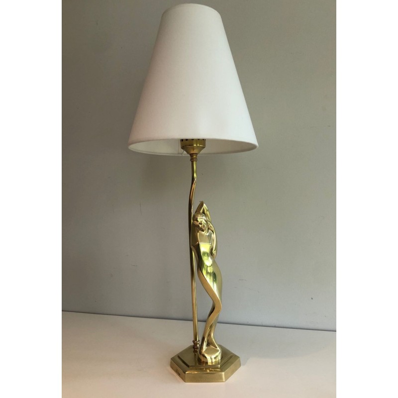 Stylised Female Figure Brass Table Lamp, Art Déco Style, French Work, circa 1970