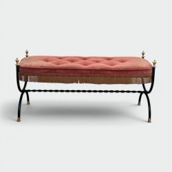 Curule Bench in Black Metal and Brass, Pink / Red Fringed | Modern Eye Gallery