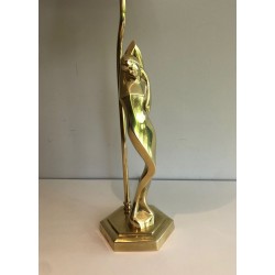 Stylised Female Figure Brass Table Lamp, Art Déco Style, French Work, circa 1970