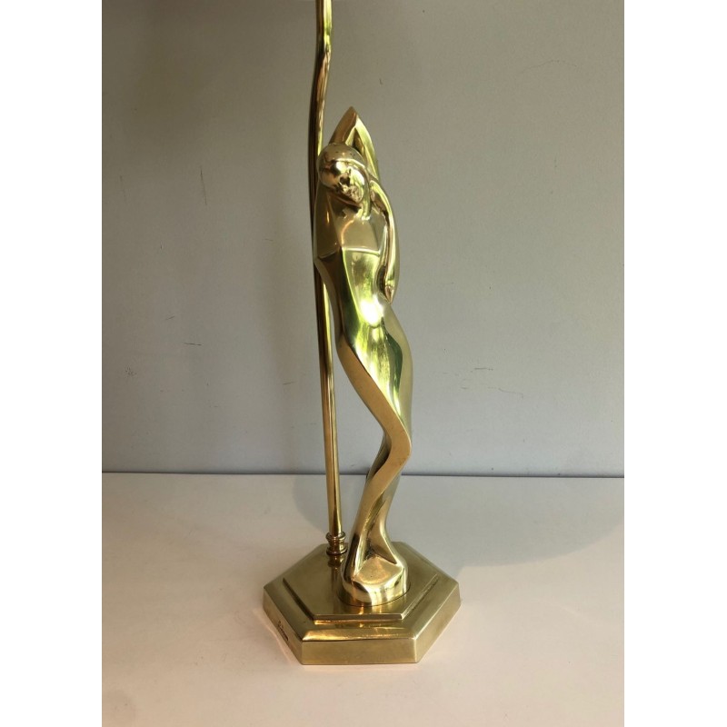 Stylised Female Figure Brass Table Lamp, Art Déco Style, French Work, circa 1970