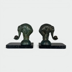 Pair of Art Deco Elephant Bookends in Spelter with Green P | Modern Eye Gallery