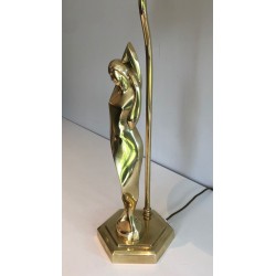 Stylised Female Figure Brass Table Lamp, Art Déco Style, French Work, circa 1970