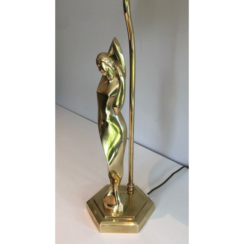 Stylised Female Figure Brass Table Lamp, Art Déco Style, French Work, circa 1970