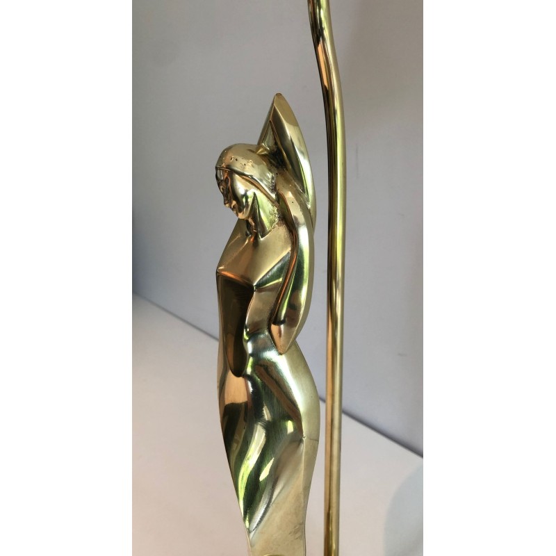 Stylised Female Figure Brass Table Lamp, Art Déco Style, French Work, circa 1970