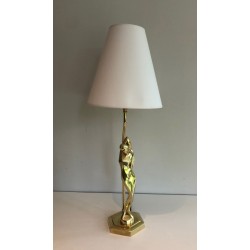 Stylised Female Figure Brass Table Lamp, Art Déco Style, French Work, circa 1970