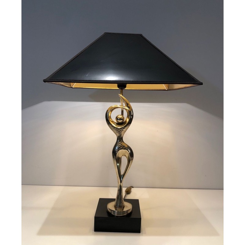 Brass Figural Table Lamp of a Stylised Dancer on Lacquered Base, French Work, circa 1970