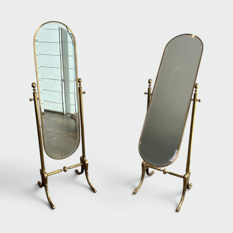 Pair of Neoclassical Style Full-Length Brass Psyché Mirrors — French Work, Circa 1970