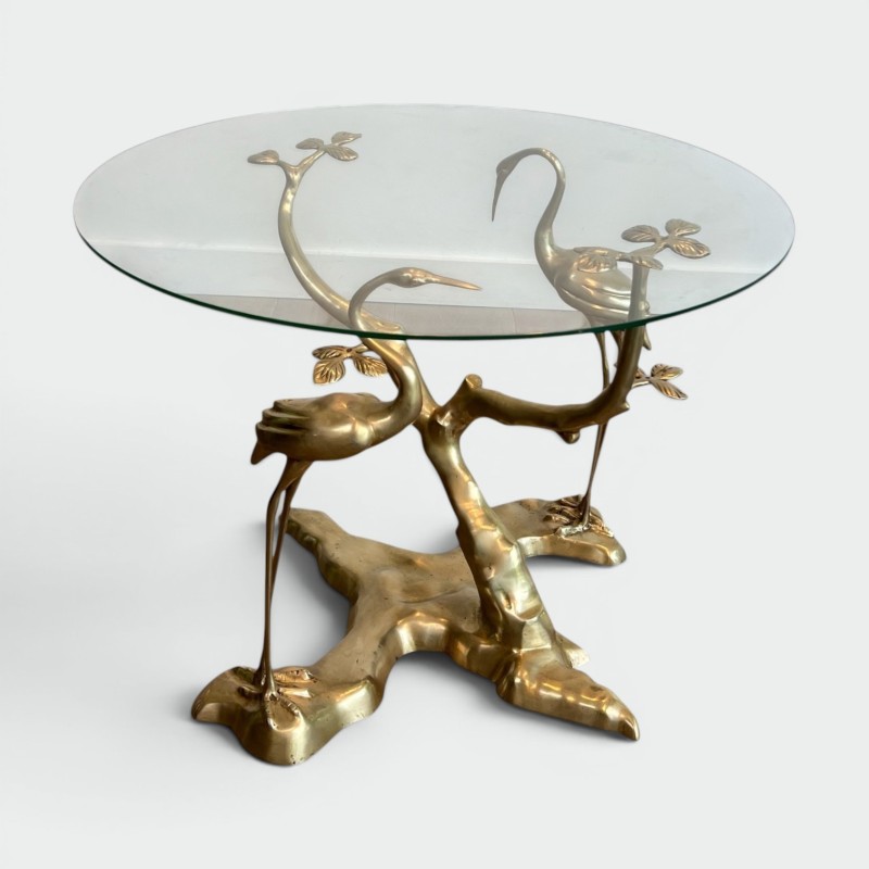 Brass Coffee Table with Cranes and Bonsai by Willy Daro, Belgium, circa 1970