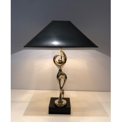 Brass Figural Table Lamp of a Stylised Dancer on Lacquered Base, French Work, circa 1970