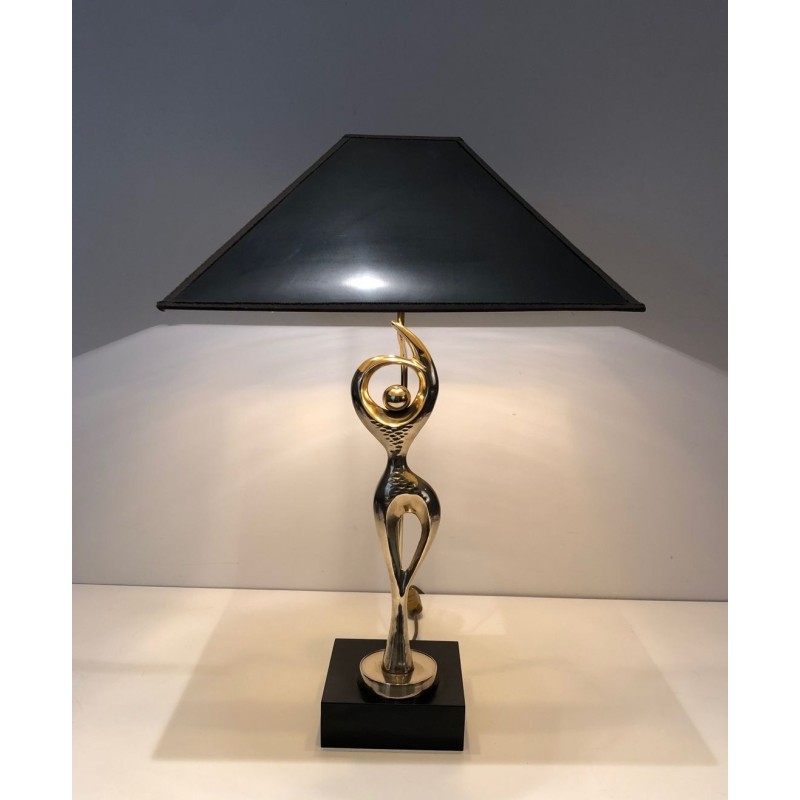Brass Figural Table Lamp of a Stylised Dancer on Lacquered Base, French Work, circa 1970