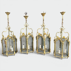 Set of Four Hexagonal Bronze and Glass Lanterns, Louis XV Style, French, circa 1950