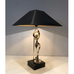 Brass Figural Table Lamp of a Stylised Dancer on Lacquered Base, French Work, circa 1970