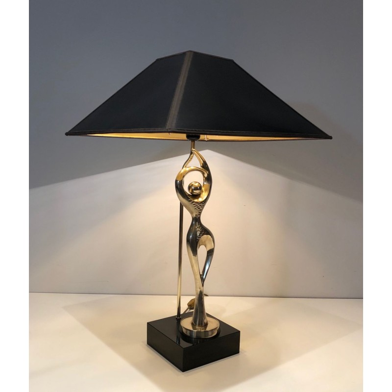 Brass Figural Table Lamp of a Stylised Dancer on Lacquered Base, French Work, circa 1970