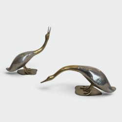 Pair of Silvered Metal and Brass Decorative Duck Sculptures, Mid-20th Century