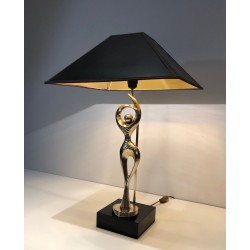 Brass Figural Table Lamp of a Stylised Dancer on Lacquered Base, French Work, circa 1970