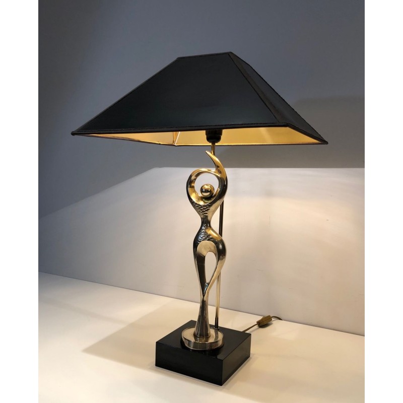 Brass Figural Table Lamp of a Stylised Dancer on Lacquered Base, French Work, circa 1970