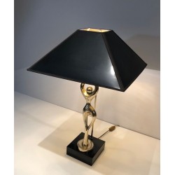Brass Figural Table Lamp of a Stylised Dancer on Lacquered Base, French Work, circa 1970