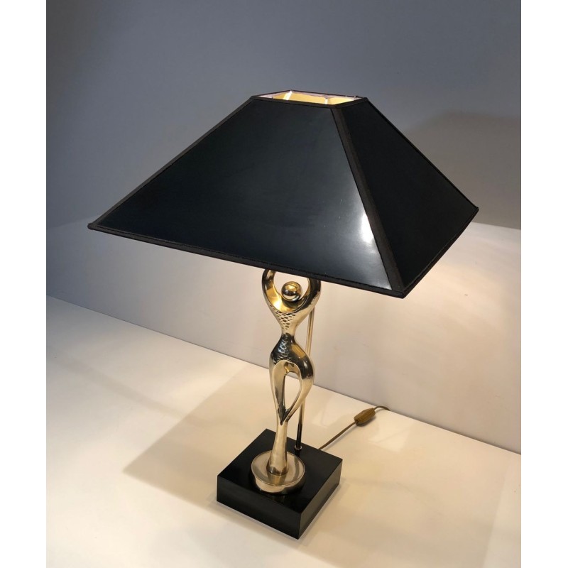 Brass Figural Table Lamp of a Stylised Dancer on Lacquered Base, French Work, circa 1970