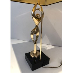 Brass Figural Table Lamp of a Stylised Dancer on Lacquered Base, French Work, circa 1970