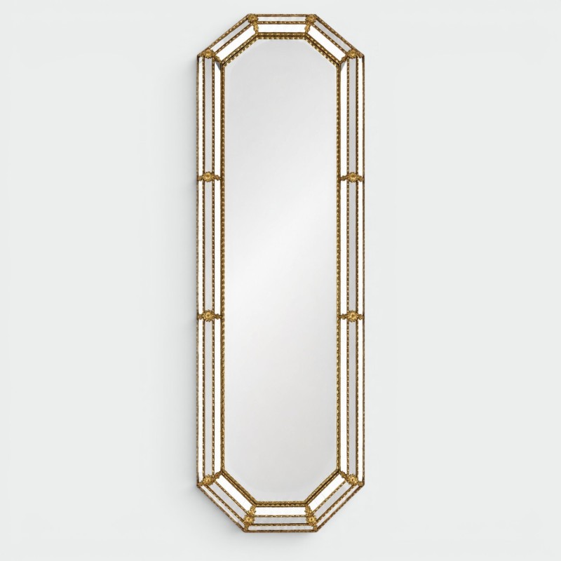 Tall Octagonal Multi-Faceted Mirror with Brass Garlands — French Work, Circa 1970