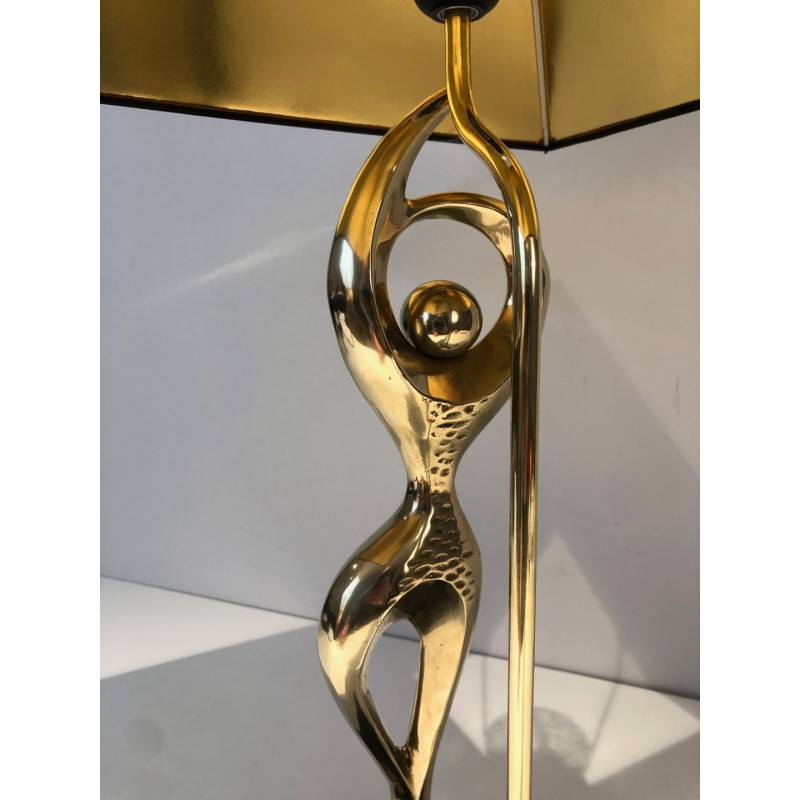 Brass Figural Table Lamp of a Stylised Dancer on Lacquered Base, French Work, circa 1970