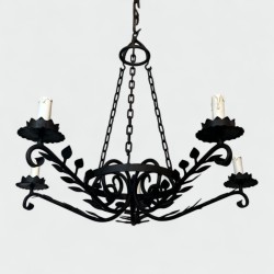 Wrought Iron Chandelier, 5 Arms, Leaf Décor, French Artisan, circa 1950