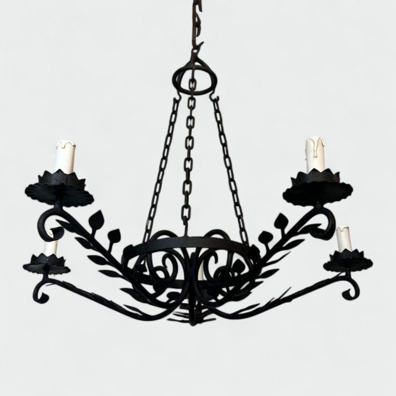 Wrought Iron Chandelier, 5 Arms, Leaf Décor, French Artisan, circa 1950