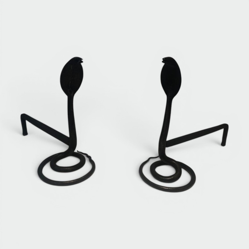 Pair of Hammered Wrought Iron Cobra Andirons in the Style of Edgar Brandt