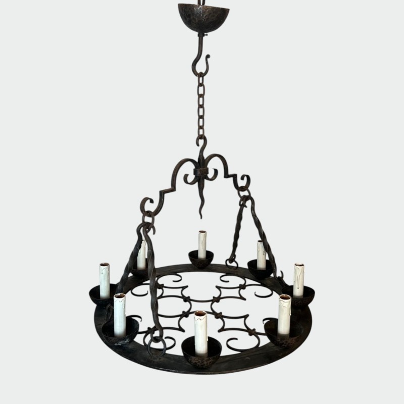 Round Wrought Iron Chandelier, 8 Lights, Gothic Style, French, circa 1950