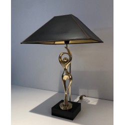 Brass Figural Table Lamp of a Stylised Dancer on Lacquered Base, French Work, circa 1970