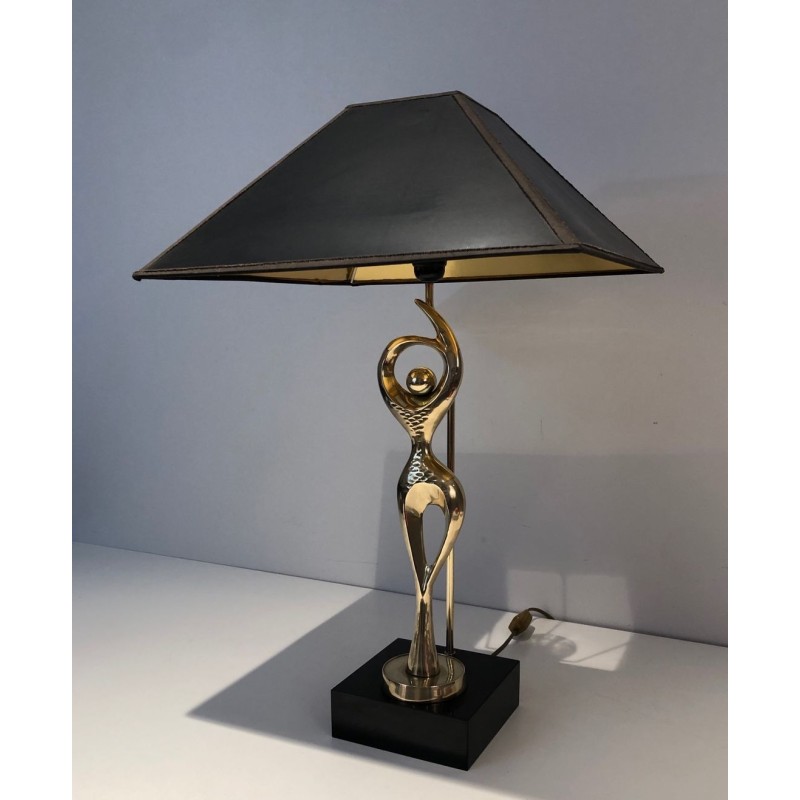 Brass Figural Table Lamp of a Stylised Dancer on Lacquered Base, French Work, circa 1970