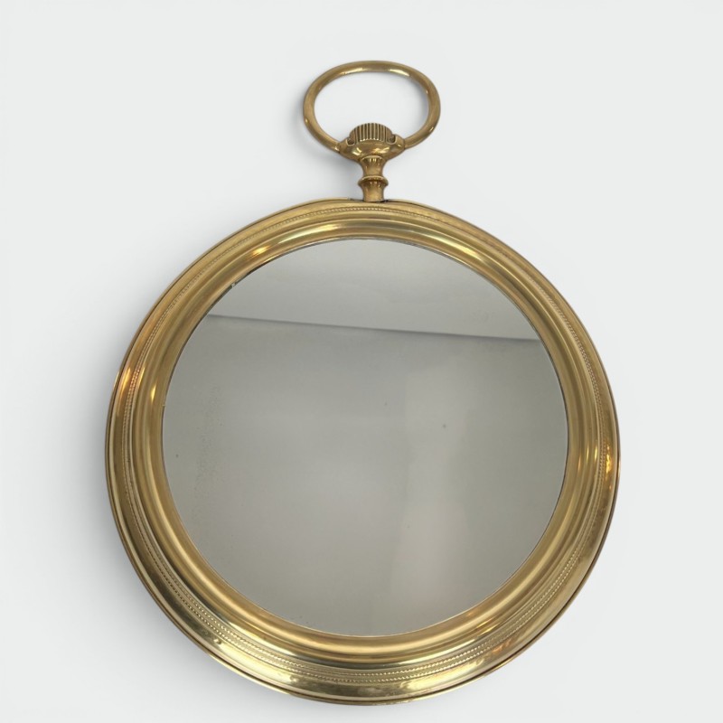 Large Brass Mirror Shaped as a Pocket Watch, French Production, Circa 1970