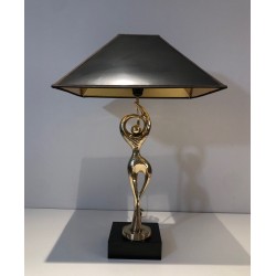 Brass Figural Table Lamp of a Stylised Dancer on Lacquered Base, French Work, circa 1970