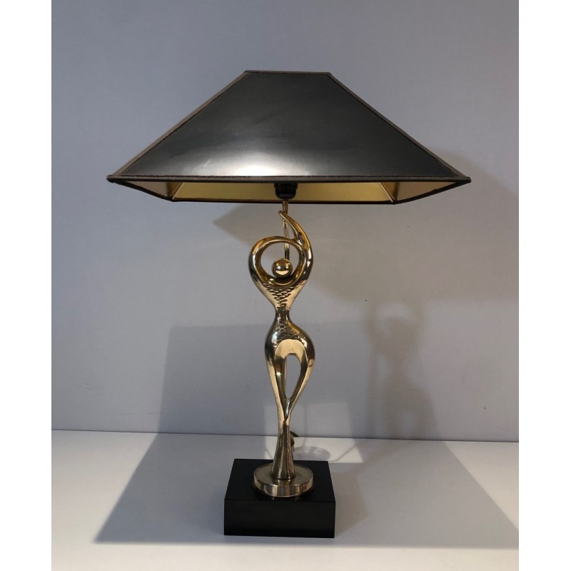Brass Figural Table Lamp of a Stylised Dancer on Lacquered Base, French Work, circa 1970